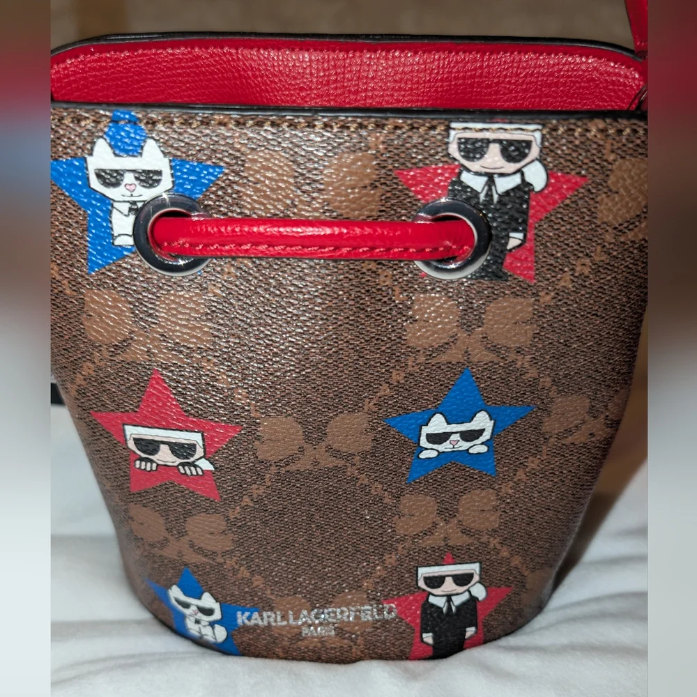 Karl Lagerfeld Paris Maybelle Mini Bucket Bag Brown Multi NWT - Picture 4 of 7